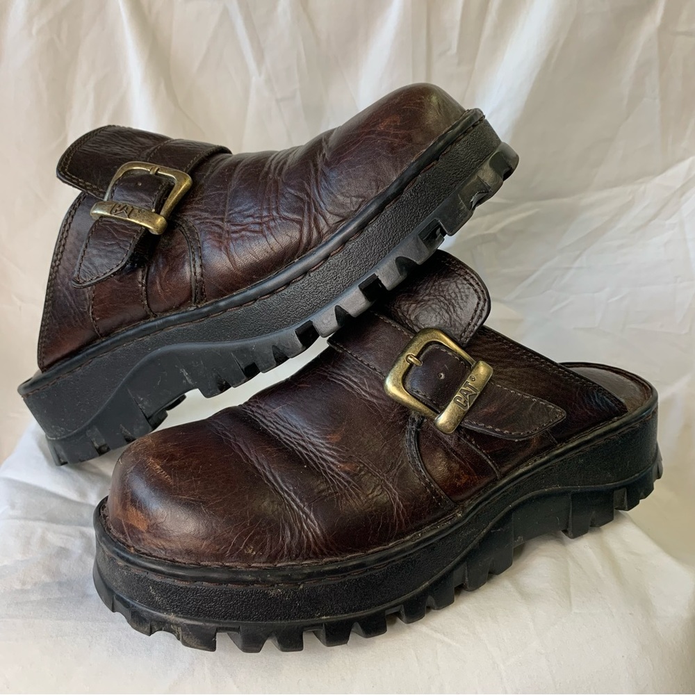 CAT Women’s 9 Y2K Chunky Brown Leather Utility Clogs